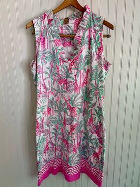 Rezobay Pink & Green Tropical Mini Dress Size Large Giraffe and palm tree print